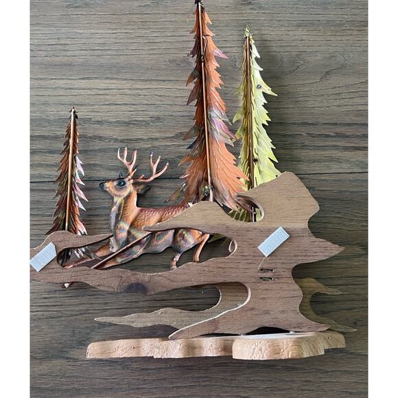 Vintage Brass Copper Deer Sculpture Trees Wood Metal Wall Art Table Top 13"x 15" - Picture 6 of 6